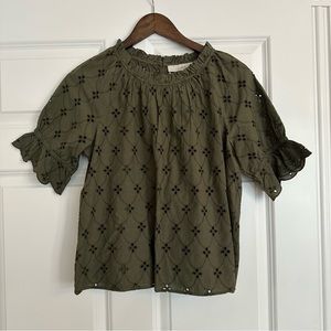 NWT LOFT Short Sleeve Olive Green Eyelet Top w/ Puff Sleeves